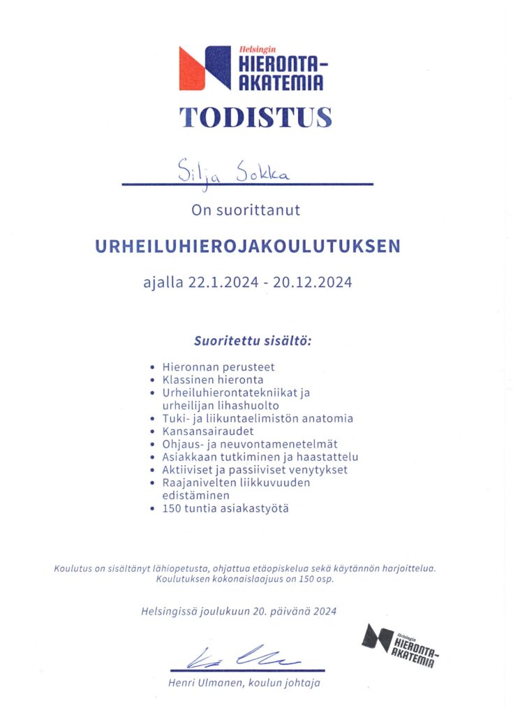 todistus paperi urheiluhieronta koulutuksesta